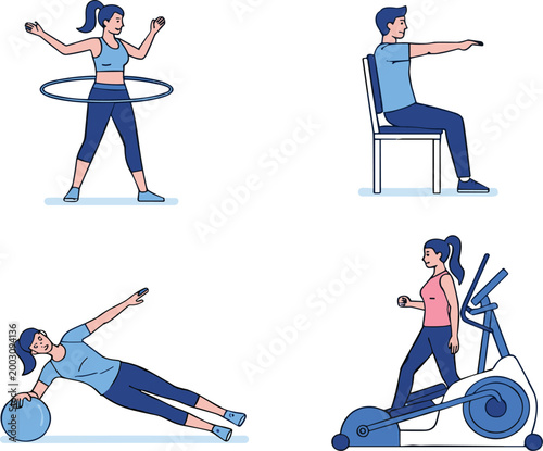 Home fitness exercises set with woman and man doing workout, hula hoop, chair exercise, stability ball and elliptical training, flat vector illustration for healthy lifestyle and sport routine