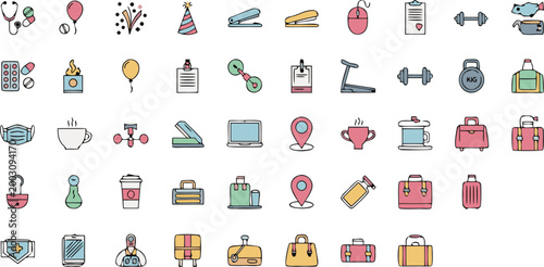 Lifestyle and travel icons set with health, fitness, work, and vacation elements, colorful flat vector collection for daily activities, leisure, and modern living design