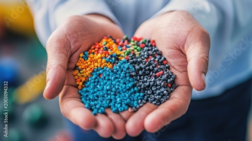 A person's hands holding colorful plastic pellets for manufacturing or recycling.