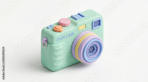 A whimsical clay camera toy, perfect for creative play and photography enthusiasts, with a pastel color palette