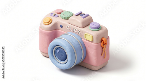 A cute pink 3D illustrated toy camera with the word 'CLICK' on top, perfect for creative photography concepts