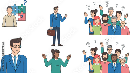 People confused and asking questions, problem solving and decision making concept with business characters, flat vector illustration for uncertainty, doubt, and brainstorming design