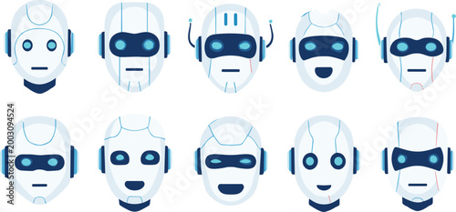 Robot head icons set with artificial intelligence characters, futuristic technology avatars in flat vector style for AI, robotics, automation, and digital innovation design