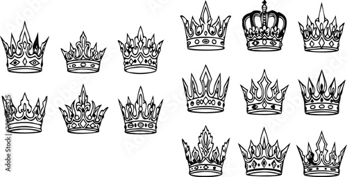 Royal crown outline collection with ornate decorative designs, vintage hand drawn style vector set for luxury branding, heraldry, fashion, and elegant graphic elements