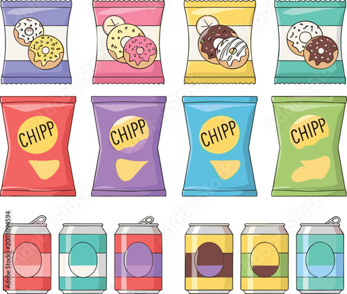 Snack packaging set with chips bags, cookies and soda cans, colorful flat vector illustration for food branding, product mockups, and commercial design projects