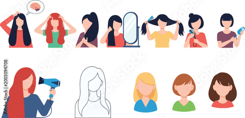 Women hair care routine and hairstyles set with brushing, drying, styling and portraits, flat vector illustration for beauty salon, grooming, and personal care design