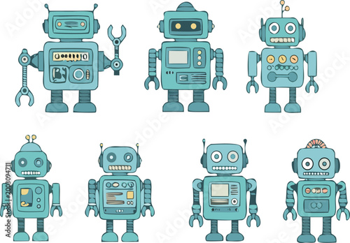 Vintage robot characters set with retro mechanical designs, cute robotic figures in flat vector style for technology, artificial intelligence, and sci fi illustration projects