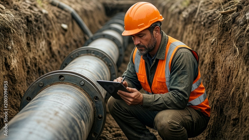 Underground Pipeline Inspection Worker, industrial engineer using tablet beside large steel utility pipe in trench construction site, infrastructure maintenance engineering safety technology