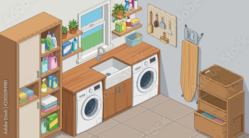 Schilderij op canvas A cozy and well-organized laundry room featuring washing machines, dryer, and storage solutions, emphasizing functionality, home care, and a tidy living environment