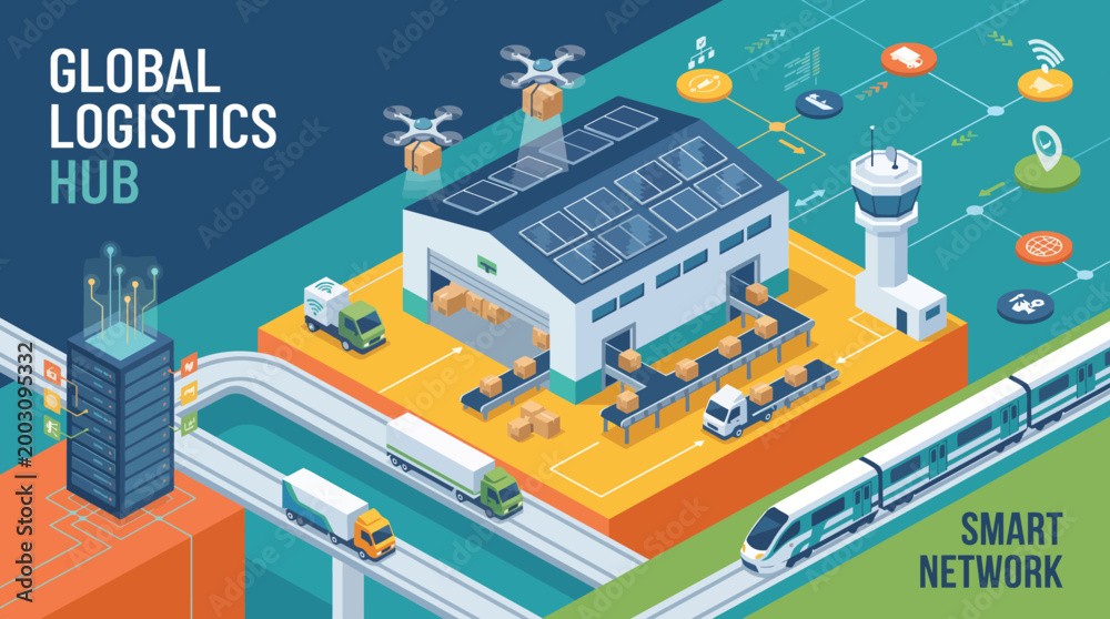 Fototapeta premium An illustration of a global logistics hub showcasing advanced transportation and smart network technology to optimize efficiency in supply chain management.