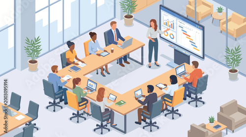 A professional business meeting showcasing a diverse team engaged in collaborative discussions, analyzing data on a presentation screen to drive effective decision making.