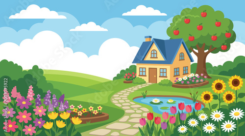 Valokuva A picturesque scene featuring a lovely house surrounded by a colorful flower garden, a serene pond, and a lush green landscape under a bright blue sky