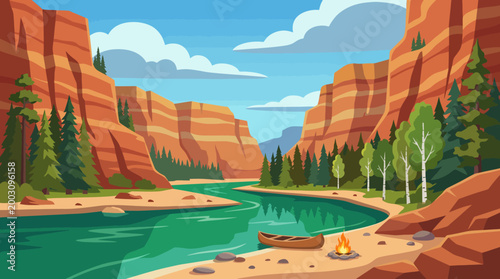 This captivating image conveys a serene canyon landscape, featuring a winding river, a quaint canoe, and a cozy campfire, embodying connection with nature and adventure.