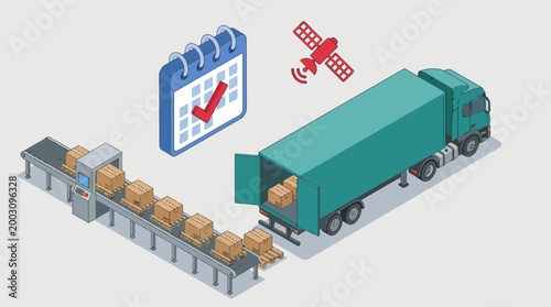 An illustration depicting a logistics truck being loaded with packages, combined with satellite icons and scheduling elements, highlighting the efficiency of modern delivery systems.