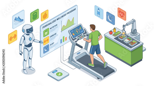 This illustration demonstrates a tech-savvy wellness program featuring a digital personal trainer and a treadmill, highlighting the importance of customized fitness journeys and healthy living.