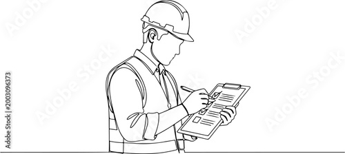Continuous one line of a construction worker reviewing site checklist on clipboard, representing supervision and project management, style hand drawing vector illustration.