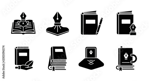 Writing and knowledge symbols fountain pen open book quill and inkwell artistic creativity icons.