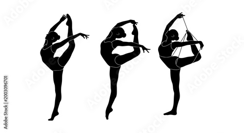 Elegant ballet dancers silhouette a trio of graceful poses in black and white