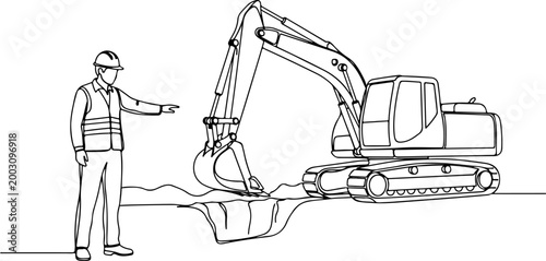 Continuous one line of a construction worker guiding an excavator digging trench, representing excavation and infrastructure development, style hand drawing vector illustration.