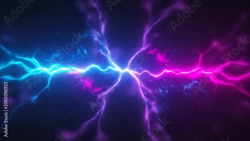 Dynamic Electric Discharge - Blue and Pink Lightning Clash in a Dark Void.