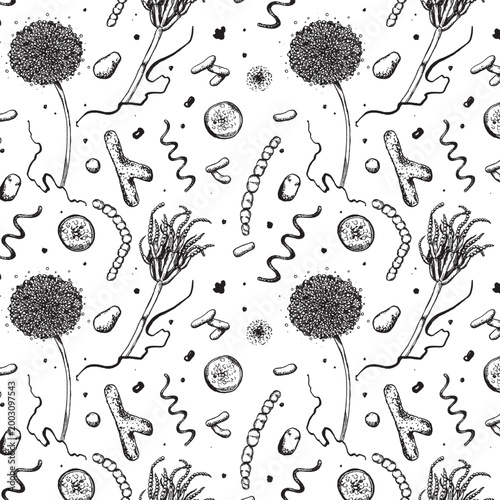  Microbes, microfungi, and bacteria seamless pattern in engraving style. For scientific, educational, and medical materials.
