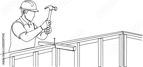 Continuous one line of a construction worker hammering nails into wooden frame, representing carpentry and frame construction, style hand drawing vector illustration.