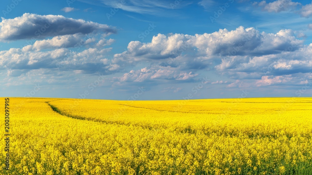 Fototapeta premium Bright yellow rapeseed field blooming under blue sky with clouds, spring countryside landscape with flowers, sunlight, rural meadow, agriculture, natural scenery and peaceful outdoor environment