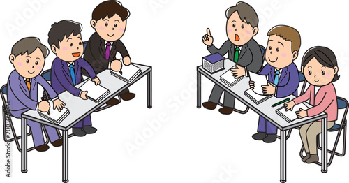 労働組合と企業の団体交渉・合意形成を描くビジネス会議イラスト