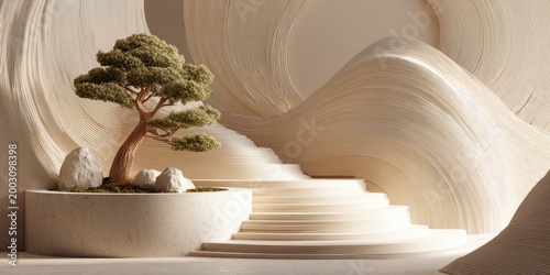 Minimalist Zen Garden with Bonsai Tree and Stone Steps.
