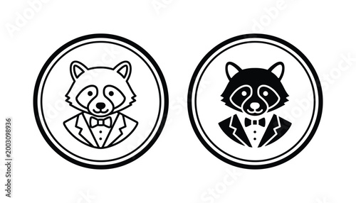 Cute raccoon character wearing tuxedo and bow tie inside circular frame vector icons in both linear outline and solid black filled silhouette styles for mascot branding and creative animal design