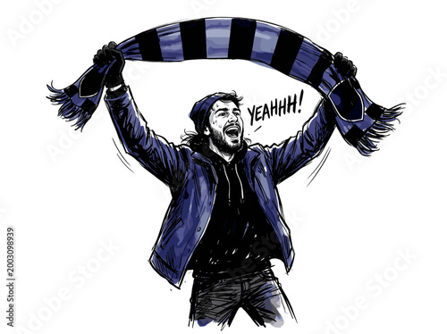 Excited man waving striped scarf and cheering loudly