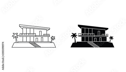 Modern luxury tropical villa house silhouette icon set with palm trees in black and white line art and solid graphic style for real estate
