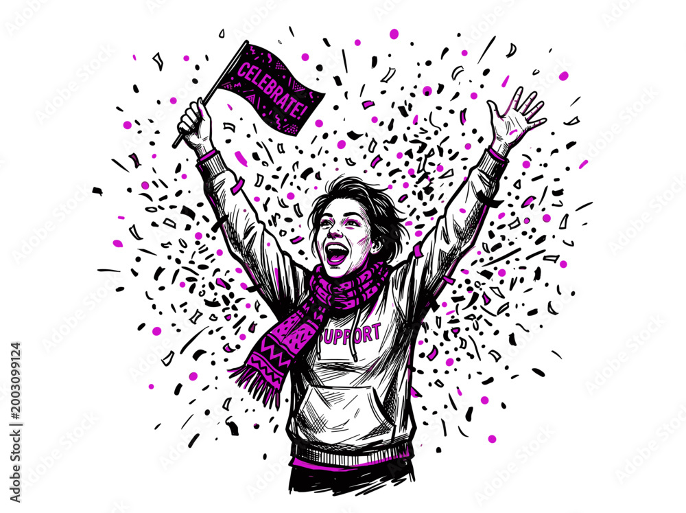 Obraz premium Celebratory fan with arms raised and flag amidst confetti
