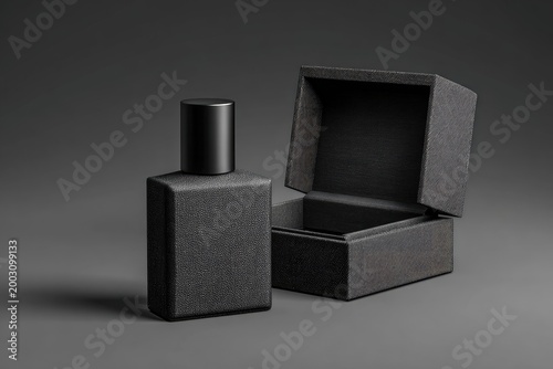 Black Matte Perfume Bottle with Open Gift Box.