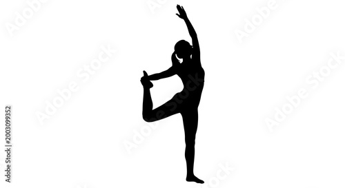 Yoga silhouette a woman performing a standing bow pose against a white background