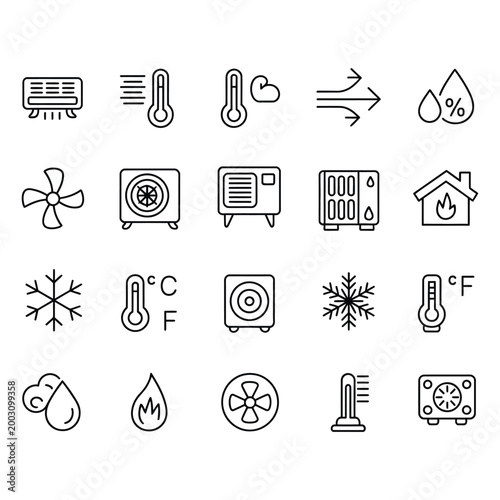 Line collection of weather temperature and seasonal symbols line weather thermometer snowflake