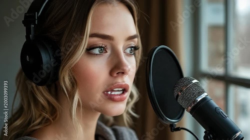 A young woman wearing headphones records vocals with a microphone and pop filter in a well-lit home studio. She is focused, singing into the mic near a window, creating professional audio content.