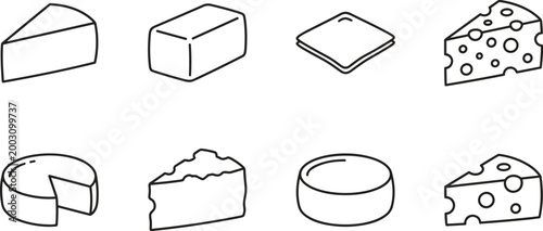 cheese variety set including slices blocks wedges and wheel outline illustrations on transparent background