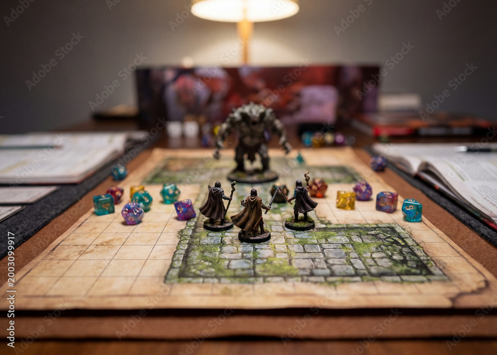 Fototapeta premium Tabletop fantasy game with miniatures dice and battle map