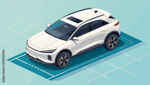 Isometric illustration of a modern white electric suv parked on a grid surface