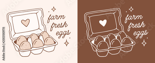 Farm fresh eggs organic egg box outline drawing logo label sticker natural packaging design for local farmer. Free range chicken cottagecore aesthetic cute printable doodle illustration poster print.