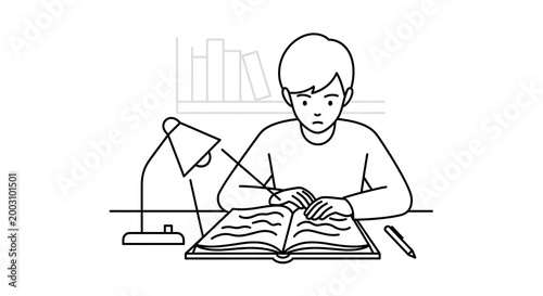 фотографія Young student concentrating on studying with a book and lamp.