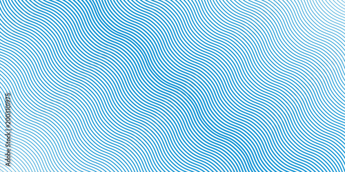 Blue wave texture gradient. Fading curved linear halftone gradation. Wavy water lines pattern wallpaper. Thin to thick undulate stripes background for overlay, print, cover, graphic design. Vector