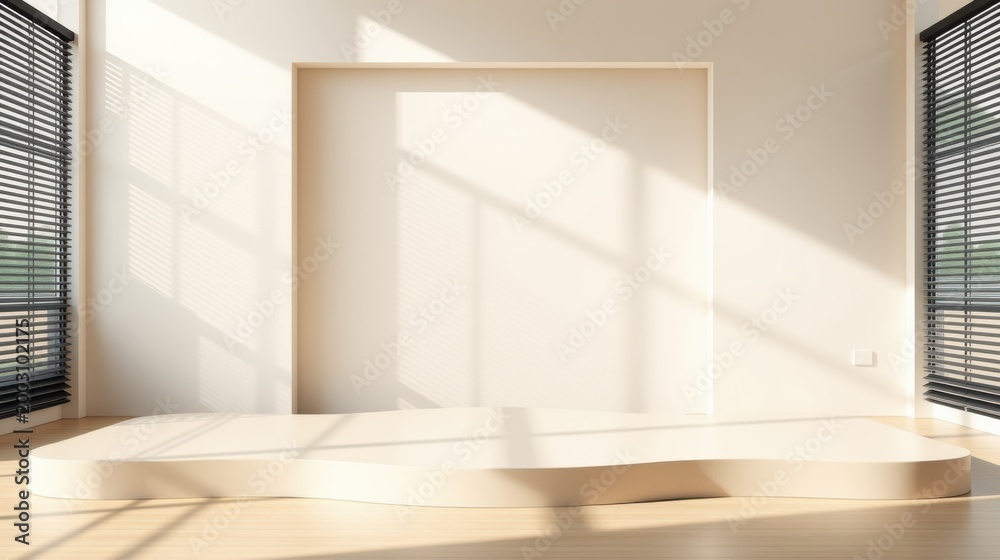 Fototapeta premium Minimalist interior. Light fills space, highlighting curved platform. Neutral tones create calm atmosphere. Perfect display setting.