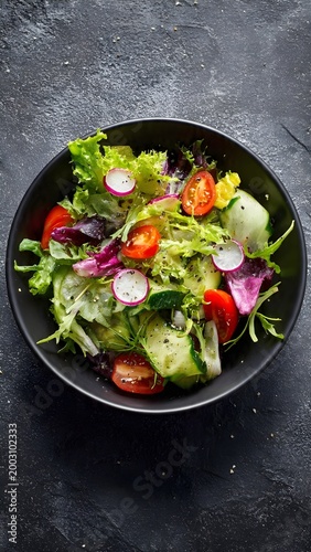 Healthy vegetable salad bowl with avocado and boiled eggs on black background top view