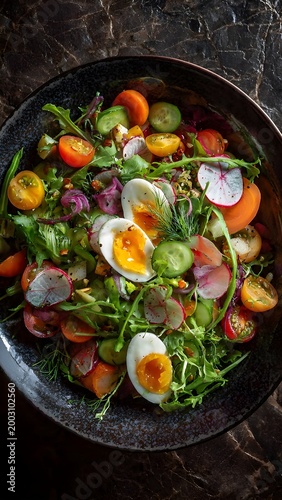 Healthy vegetable salad bowl with avocado and boiled eggs on black background top view