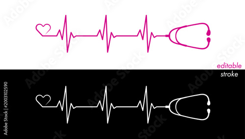 Editable stroke stethoscope set with heart rate, ekg line design white black background. Healthcare symbol to use for health industry, cardiology, medical care, hospital, health science projects.