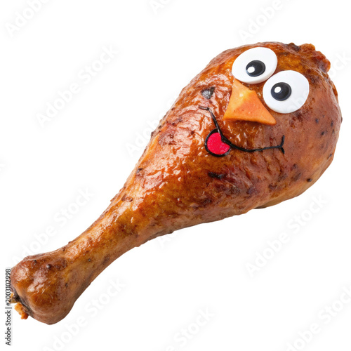 Thanksgiving turkey leg with a playful face, isolated on a clean white background