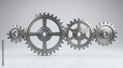 Four interlocking metallic gears in a horizontal row representing teamwork and mechanics.