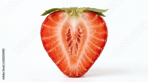 Fresh ripe strawberry half cut vertically isolated on white background.